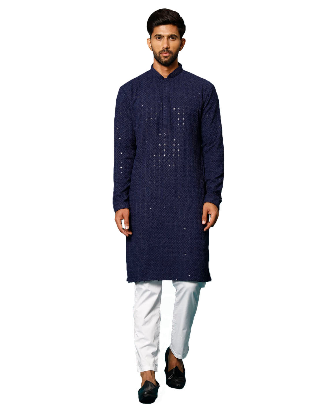 Men's Navy Blue And White Rayon Cotton Kurta Pyjama Set