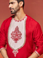 Men's Red Viscose Kurta