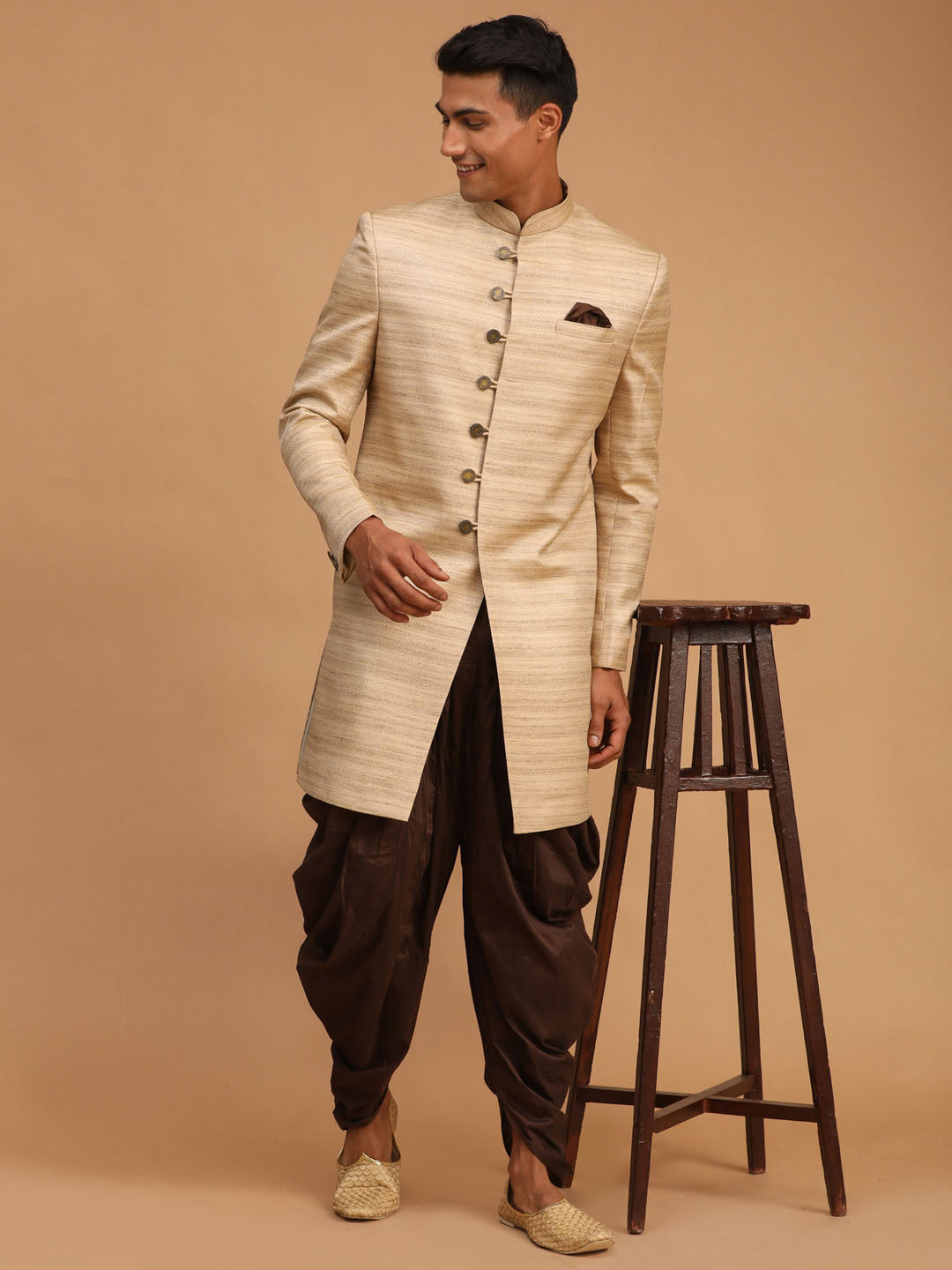 Men's Beige Silk Blend Sherwani Only Top