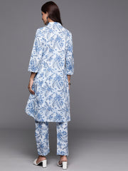 Women Blue Floral Printed High- Low Kurta With Bottom