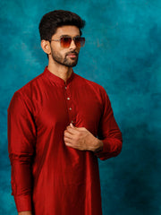 Men's Maroon And Cream Viscose Kurta Pyjama Set