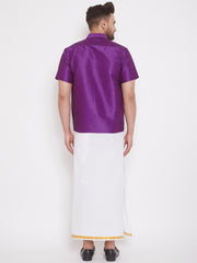 Men's Purple and White Silk Blend Shirt And Mundu