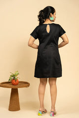 Women Black Viscose Cotton A-Line Knee-Length Dress