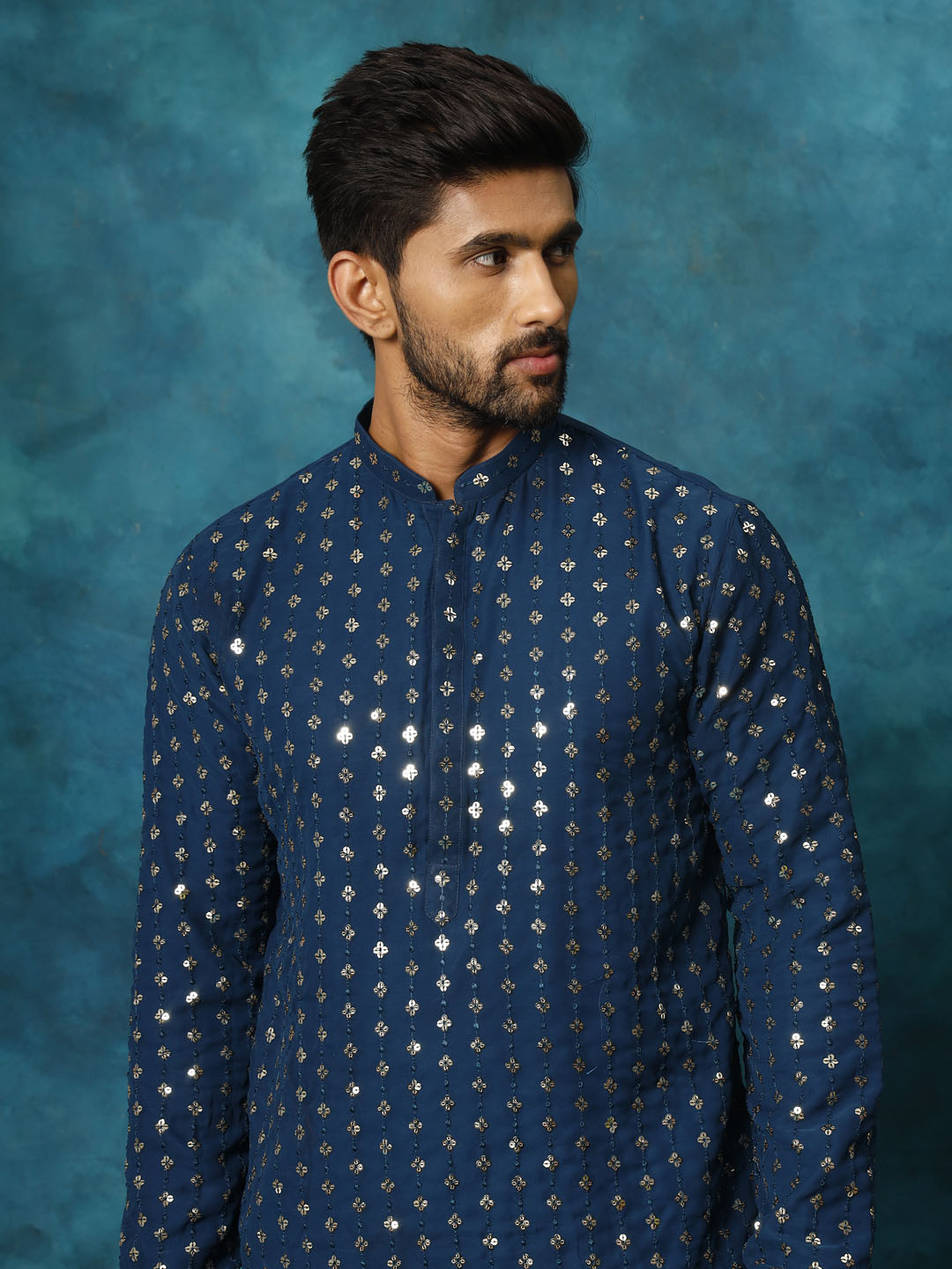 Men's Navy Blue Georgette Kurta