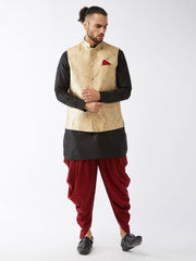 Men's Black, Rose Gold And Maroon Silk Blend Jacket, Kurta and Dhoti Set