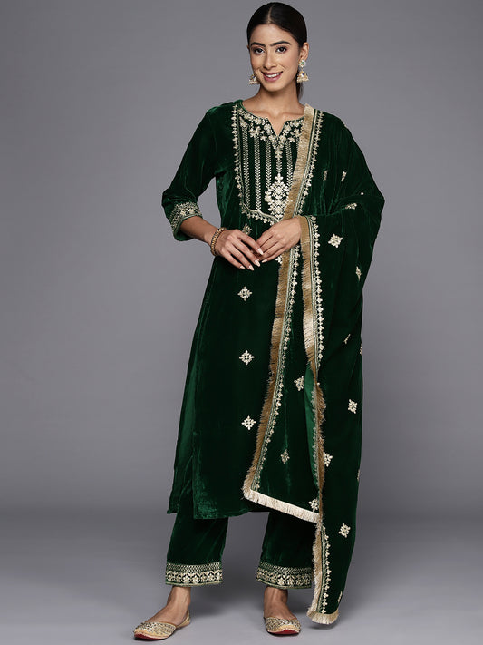 Women Green Velvet Round Neck Yoke Embroidered Straight Kurta Paired With Tonal Bottom And Embroidered Dupatta With Four Sided Fringes