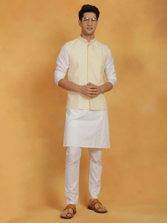 Men's White And Yellow Cotton Silk Jacket, Kurta and Pyjama Set