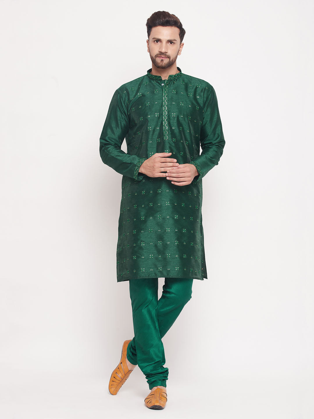 Men Green Silk Blend Kurta