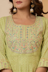 Women Lime Green Mirror And Thread Embroidered,Gotta Embellished Scalloped Schiffli Anarkali Kurta Paired Wirh Printed Bottom And Embroidered Dupatta