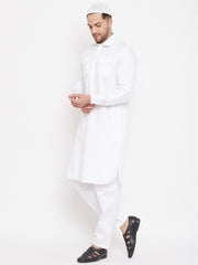 Men's White Cotton Blend Pathani Kurta Set