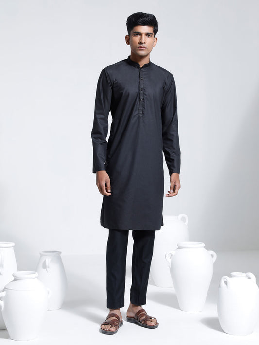 Men's Black Cotton Silk Kurta And Pyjama Set