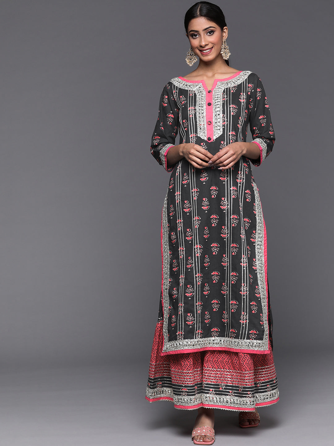 Grey Cotton Blended Printed Straight Kurta Sharara Set