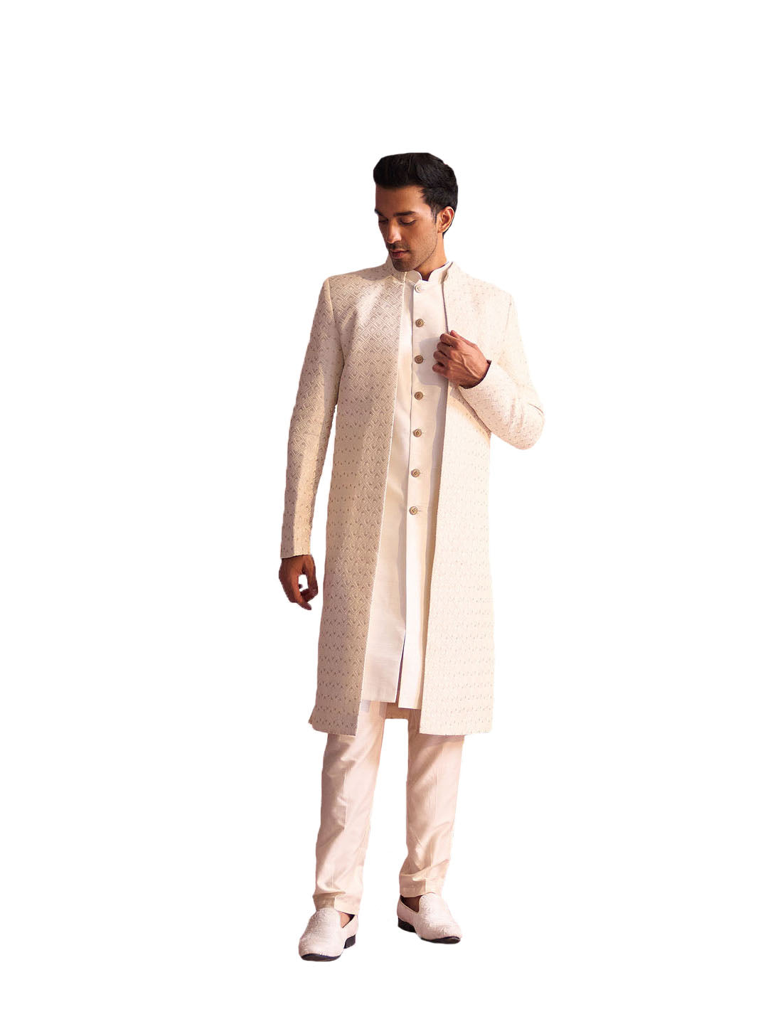 Men's Cream Silk Blend Sherwani Set