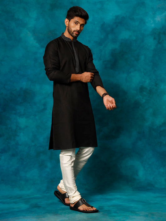 Men's Black And Cream Cotton Blend Kurta Pyjama Set