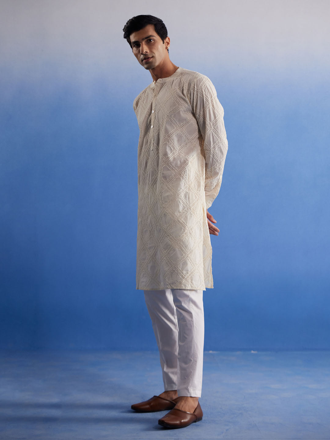 Men's Cream Cotton Kurta Pyjama Set