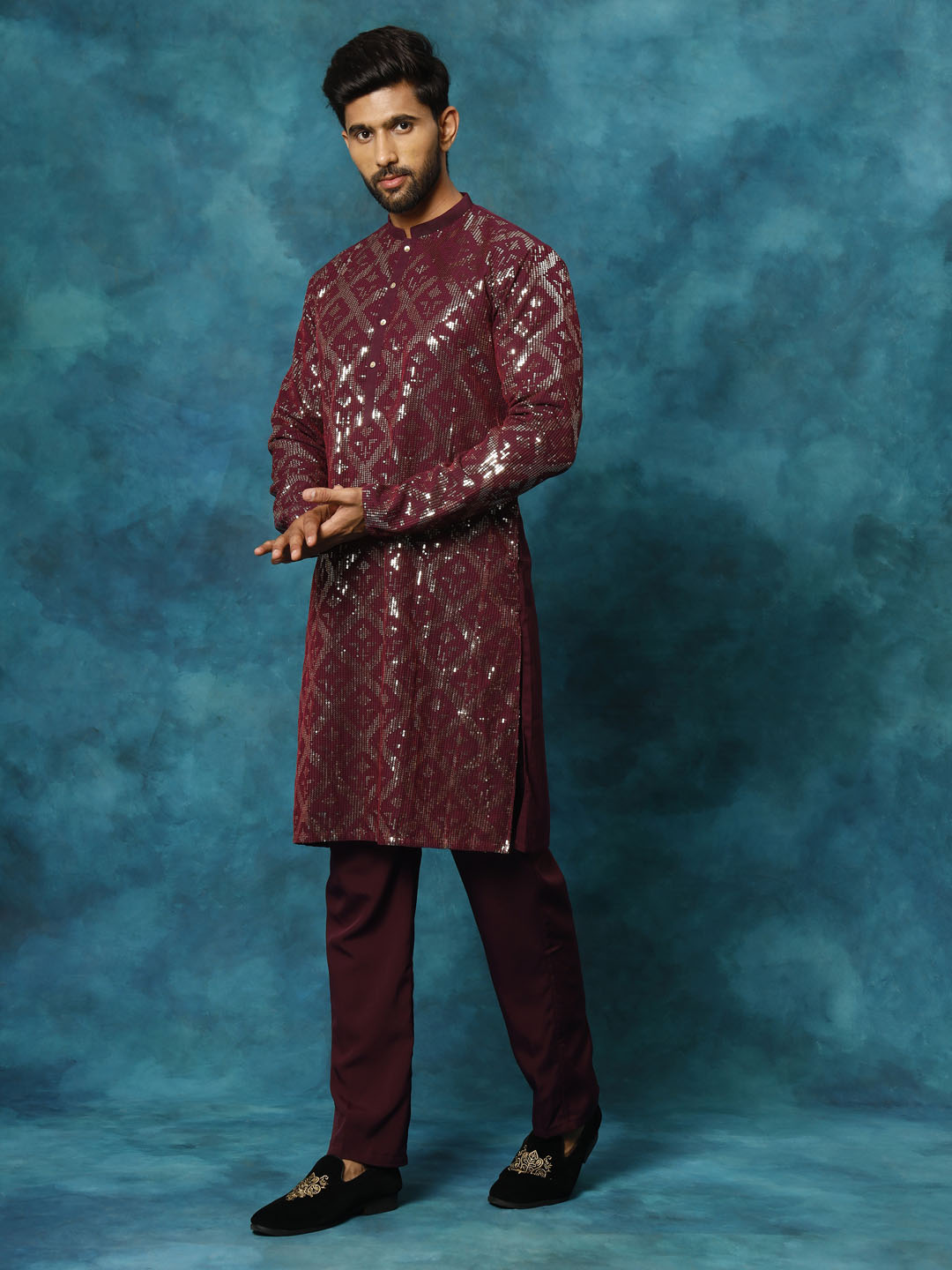 Men's Purple Georgette Kurta Pyjama Set