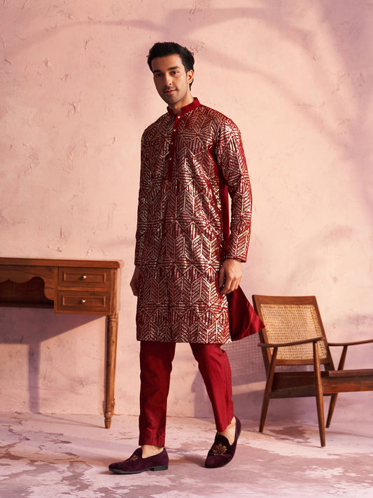 Men's Maroon Georgette Kurta Pyjama Set