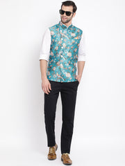 Men's Turquoise Silk Blend Nehru Jacket