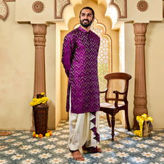 Men's Purple Silk Blend Kurta And Dhoti Set