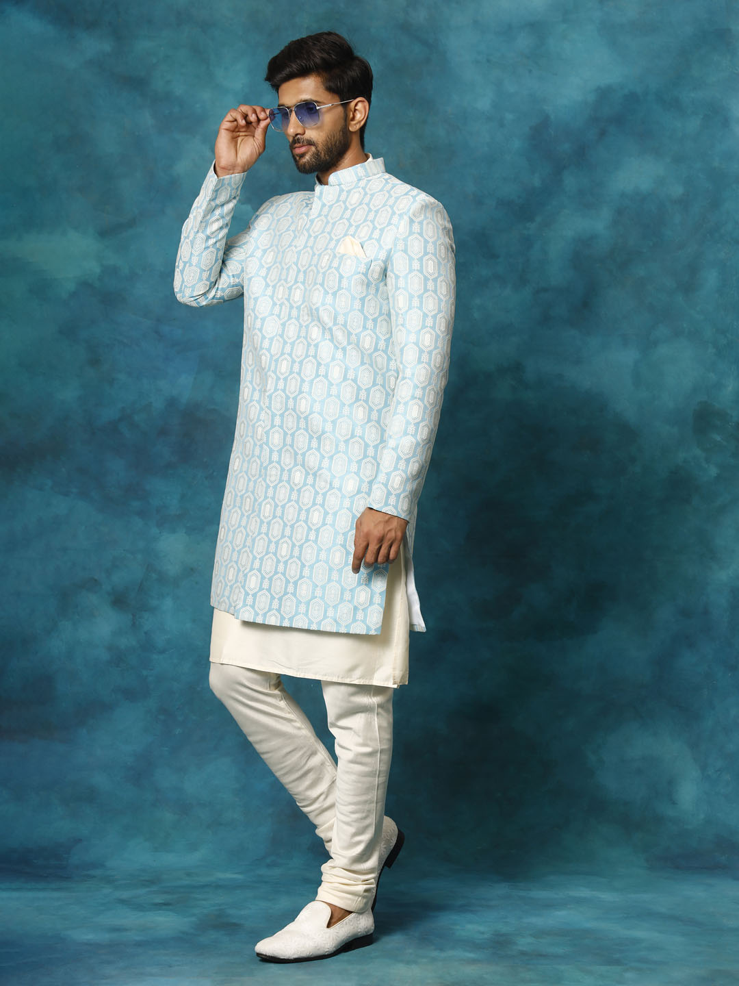 Men's Blue And Cream Viscose Sherwani Set