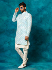 Men's Blue And Cream Viscose Sherwani Set