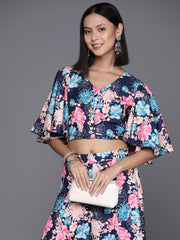 Women Blue Floral  Printed, Flared Sleeves, Front Open With Tie Up Details Crop Top Paired With Flared Bottom