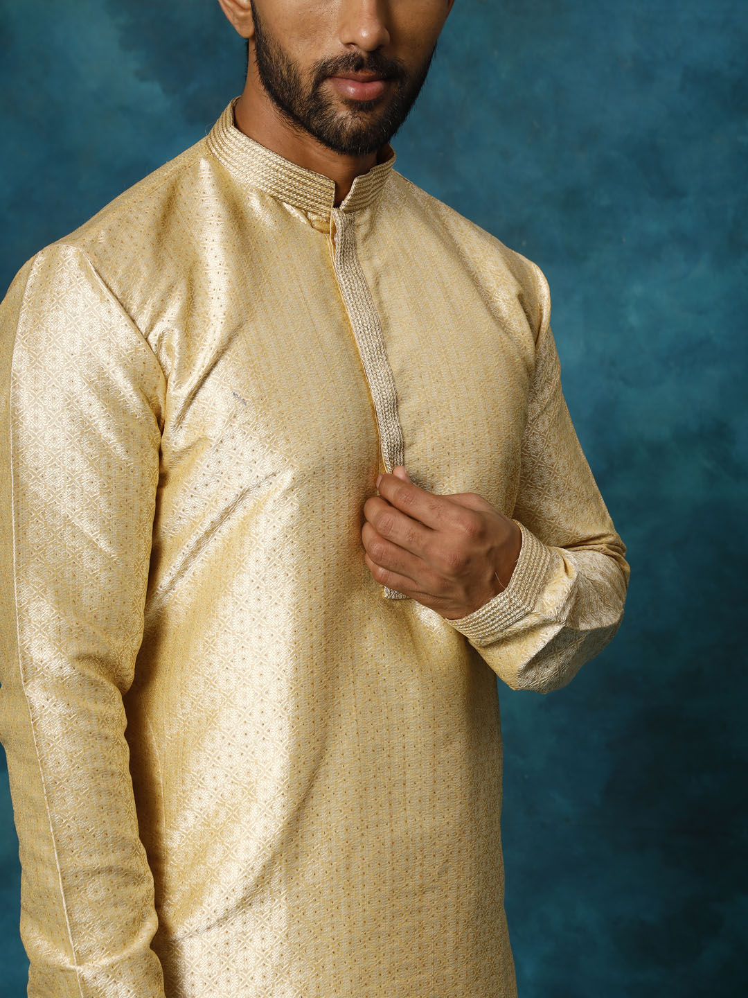 Men's Gold And Rose Gold Silk Blend Kurta Pyjama Set