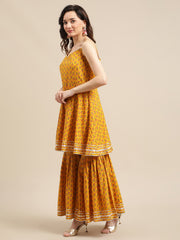 Mustard And Maroon Floral Printed Flared Strap Kurta With Sharara And Dupatta