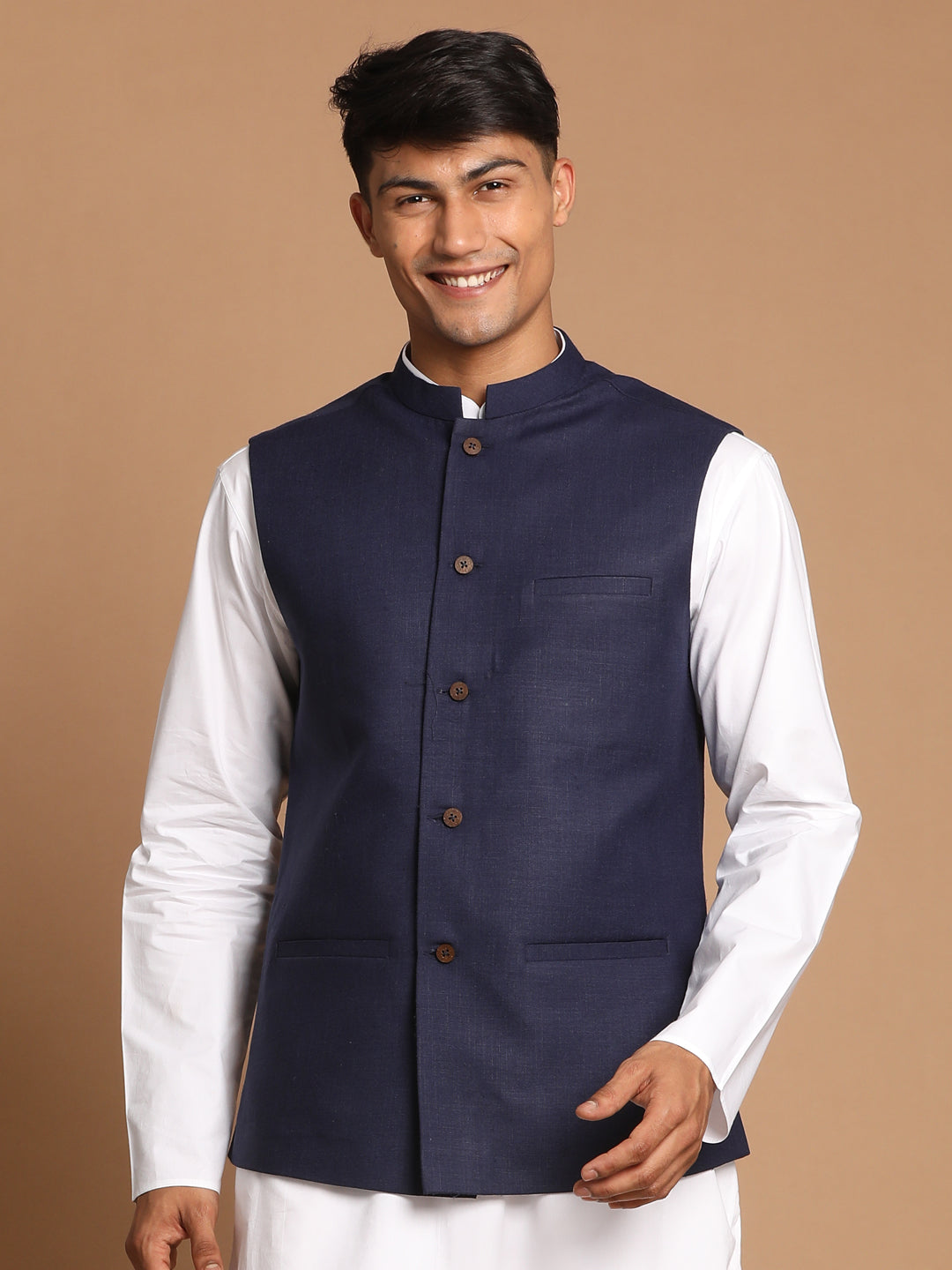 Men's Blue And White Cotton Nehru Jacket