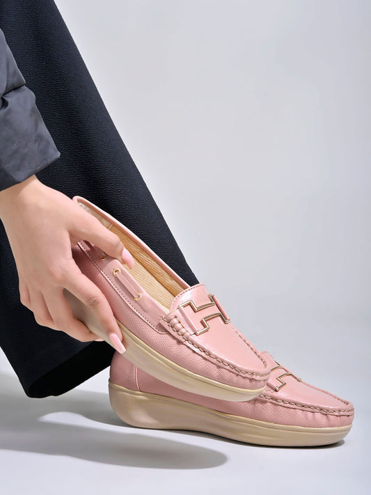 Shoetopia upper Buckle Detailed Peach Loafers For Women & Gilrs