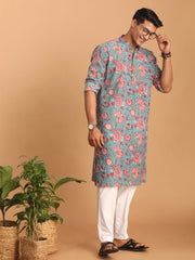 Men's Aqua And White Cotton Kurta And Pyjama Set