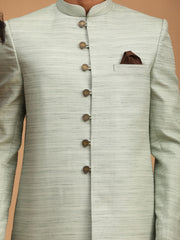 Men's Mint Green And Brown Silk Blend Sherwani Set