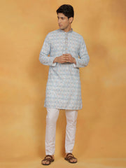 Men's Aqua And White Cotton Blend Kurta And Pyjama Set