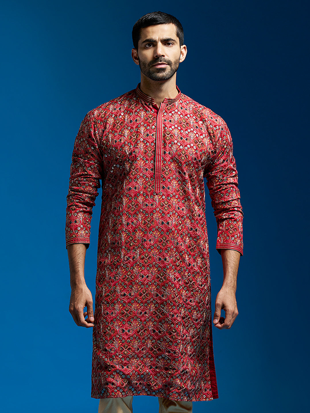 Men's Red Chinon Kurta