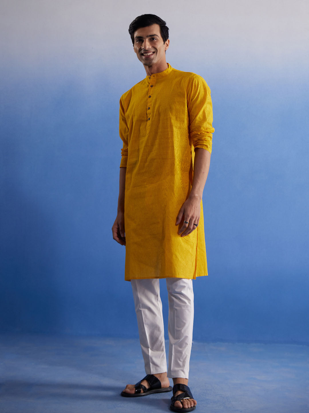 Men's Mustard And White Pure Cotton Kurta Pyjama Set