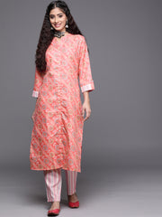 Women Kurta With Button Down Paired With Vertical Strip Printed Pant