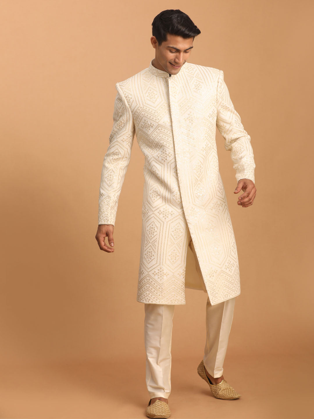 Men's Cream Cotton Blend Sherwani Only Top