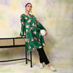 Floral Printed Flared V Neck Kurta Green