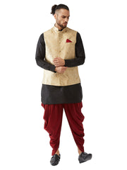 Men's Black, Rose Gold And Maroon Silk Blend Jacket, Kurta and Dhoti Set