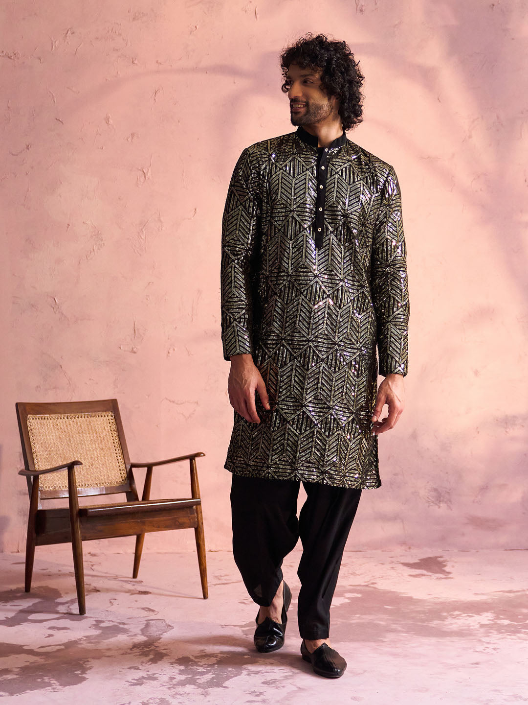 Men's Black Georgette Kurta and Patiala Set