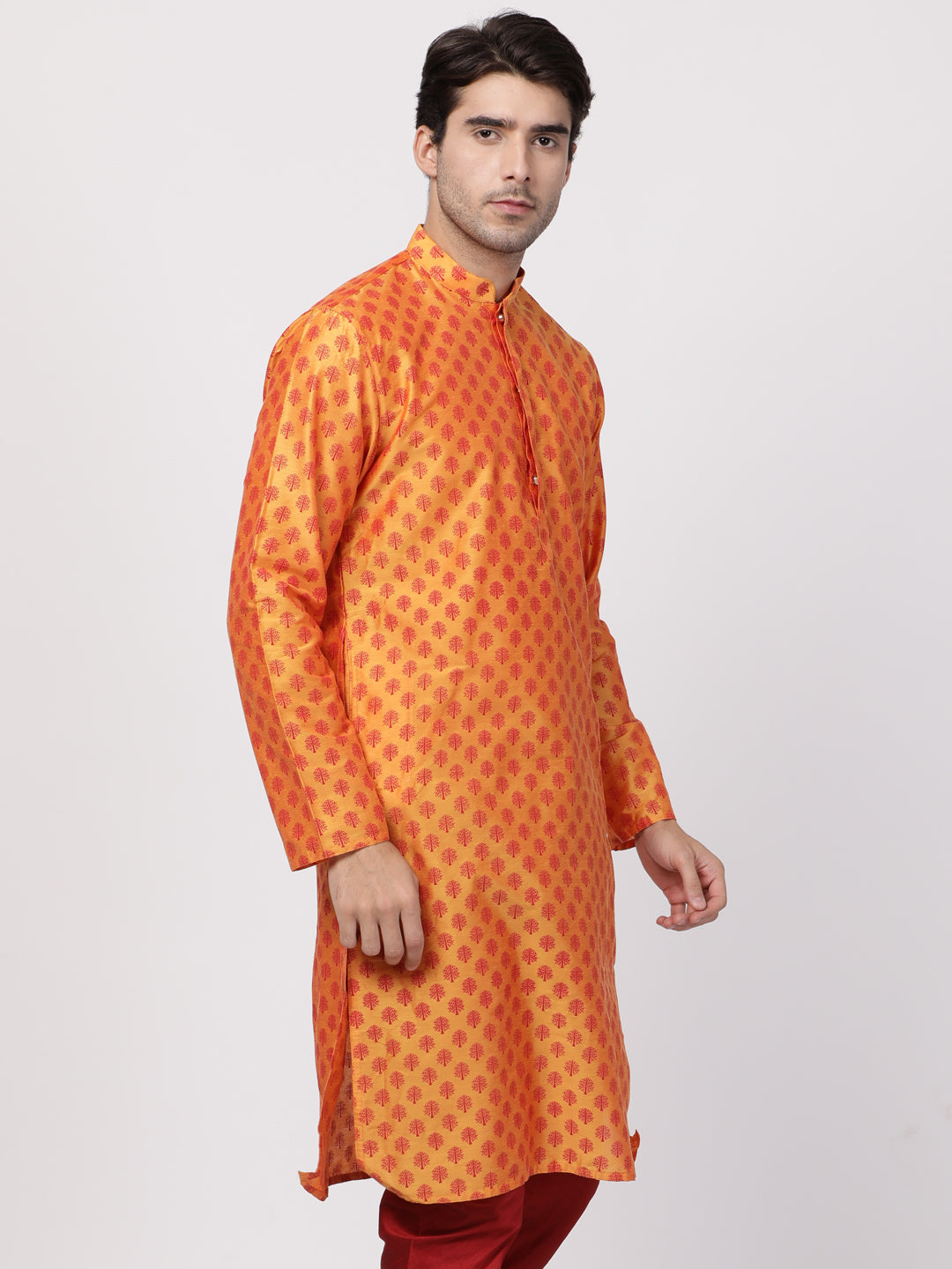 Men Orange Cotton Blend Kurta