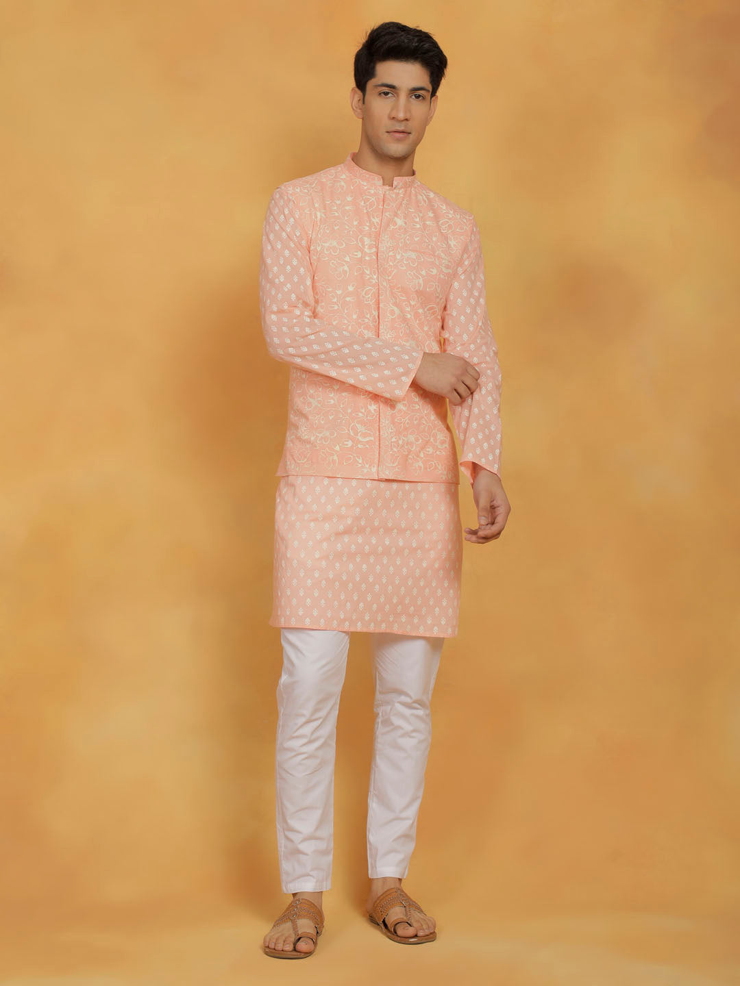 Men's Peach And White Cotton Jacket, Kurta and Pyjama Set