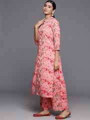 Women Pink Floral Printed Straight Kurta Paired With Tonal Printed Bottom