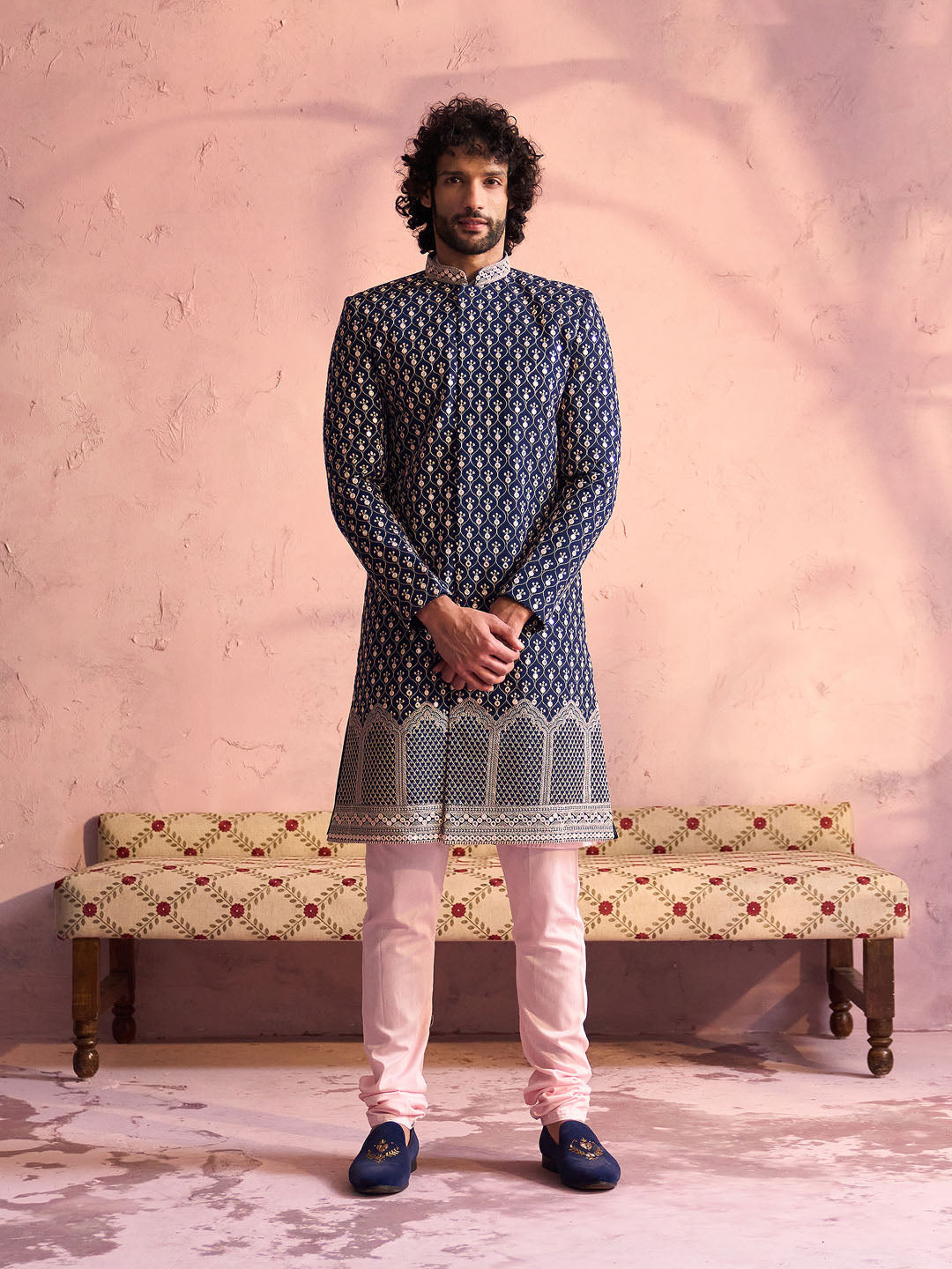 Men's Navy Blue And Pink Viscose Sherwani Set