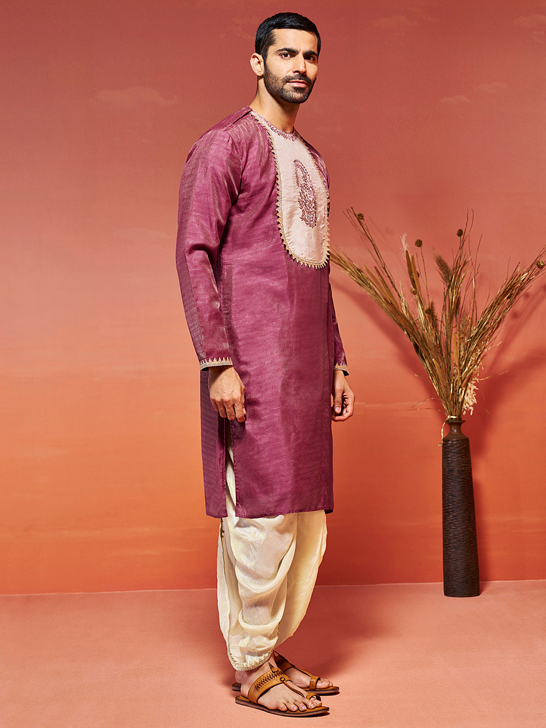 Men's Onion Silk Blend Kurta And Dhoti Set