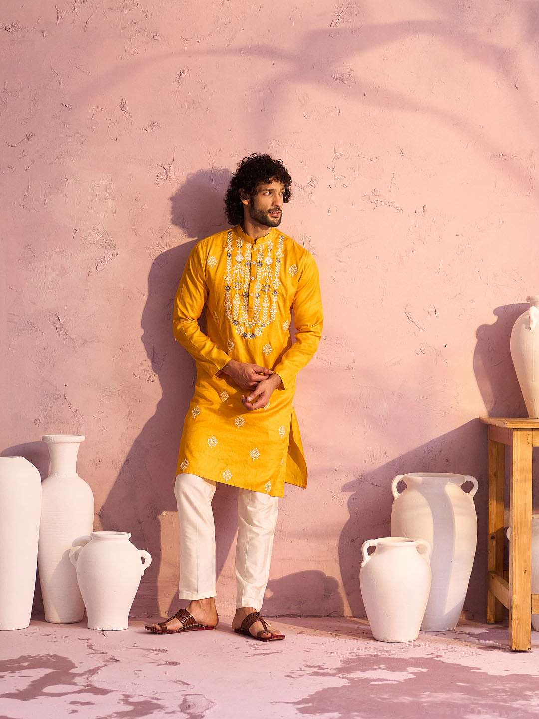 Men's Yellow And Cream Moonga Silk Kurta Pyjama Set