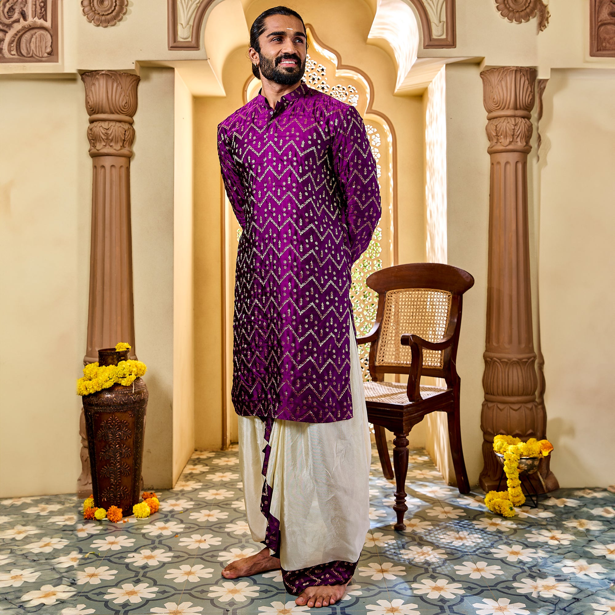 Men's Purple Silk Blend Kurta And Dhoti Set