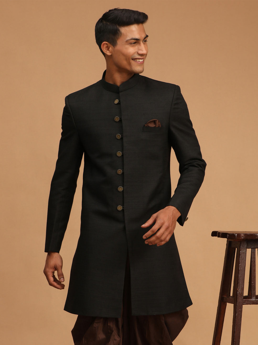 Men's Black Silk Blend Sherwani Only Top