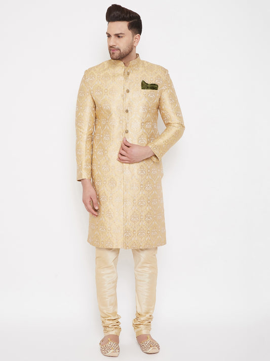 Men's Gold Beige Silk Blend Sherwani Set