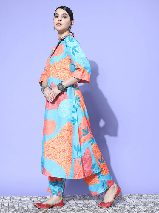 Kalini Women Blue And Rust Abstract Printed Shirt Collar A-Line Kurta Paired With Tonal Bottom